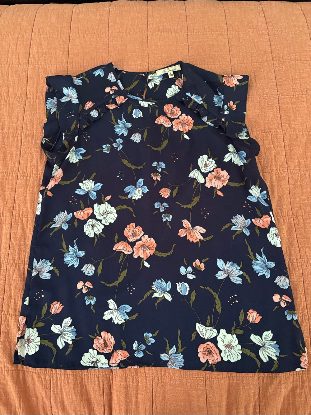 Floral Ruffle Sleeve Blouse - Navy
